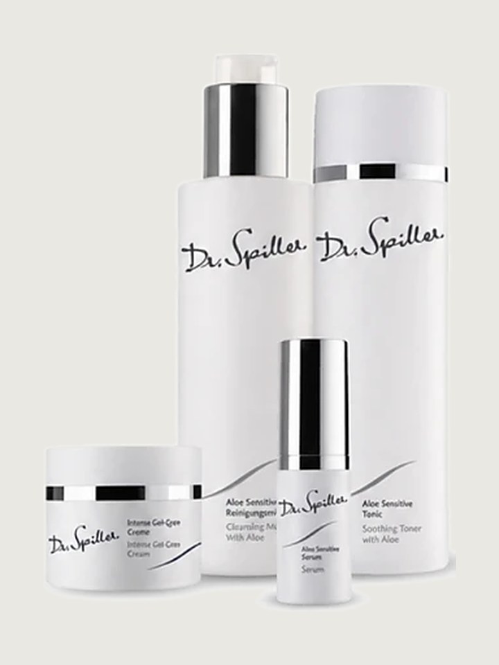The Dr Spiller Biomimetic SkinCare range used at Skin Lounge: cleansing milk, soothing toner, aloe sensitive serum and intense gel-care cream.